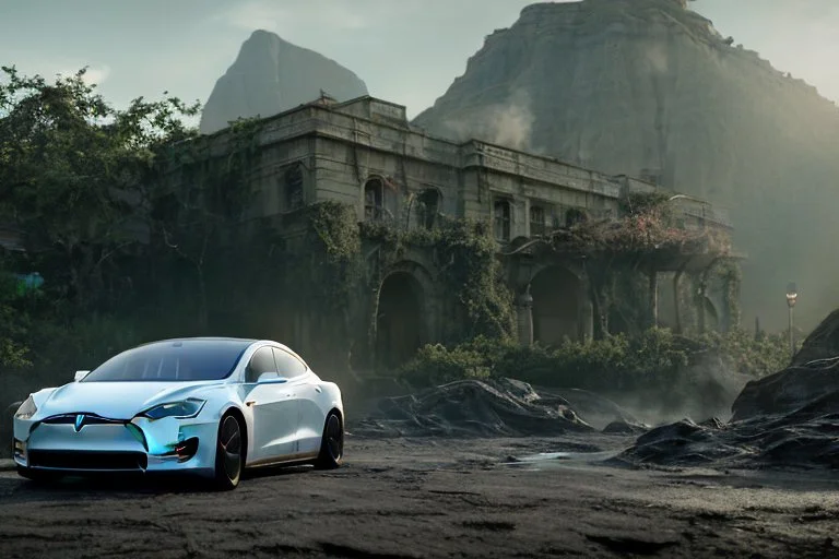 A Tesla 'Model Y' is parked, on the 'Jurassic Park' island. (CINEMATIC, WIDE ANGLE LENS, PHOTO REAL)