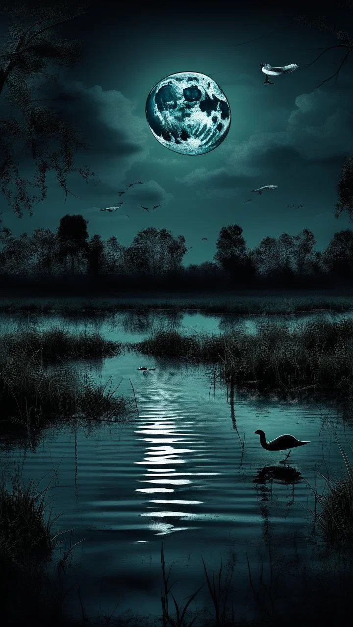 A swamp with dark ducks swimming and dark sky with moon covering the moon