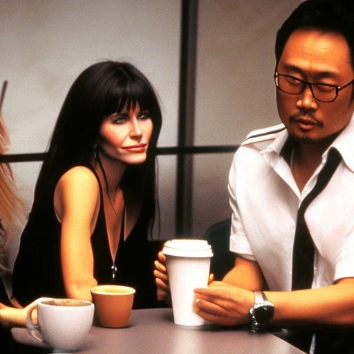 Courtney Cox, Courtney Love and Ken Watanabe chatting happily over coffee at Starbucks