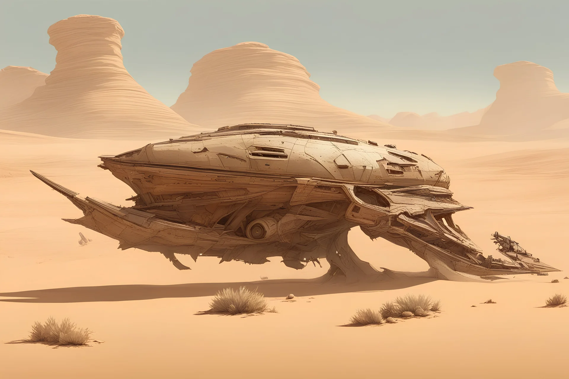 Side view, concept art, Desert with crashed alien ship,lots of detail