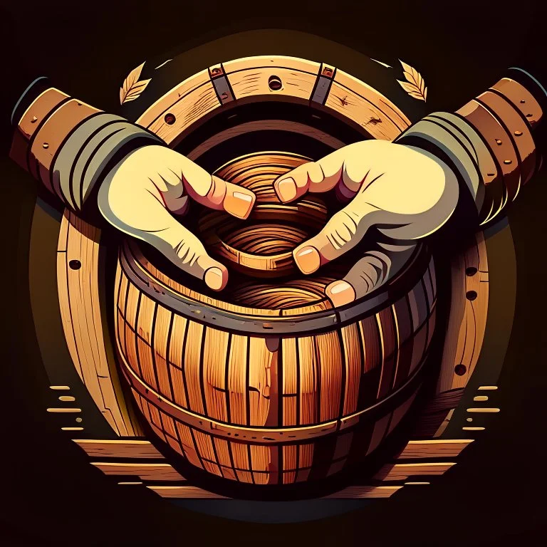 Two hands holding a wooden barrel : 1.5 ) money goes in from above and money comes out from below, ultra quality, vector graphics