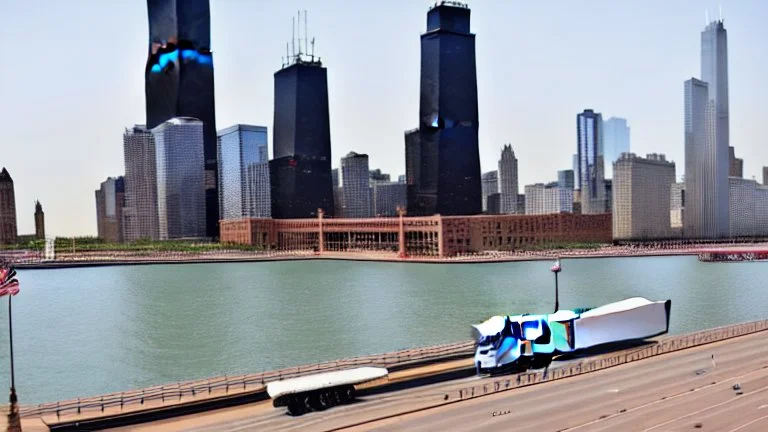 A Tesla semi-truck is racing at top speed, on the Navy Pier, in Chicago. CINEMATIC. WIDE ANGLE LENS. PHOTO REAL.