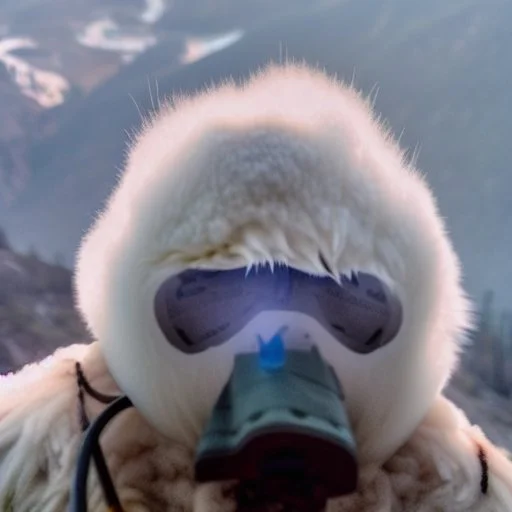 Yeti, wildfires in the background, mountains, fires