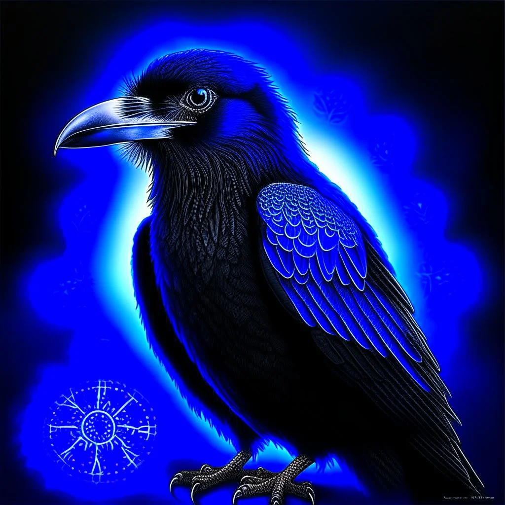 Mighty Raven with nature and runes and glowing eyes and swedish flag