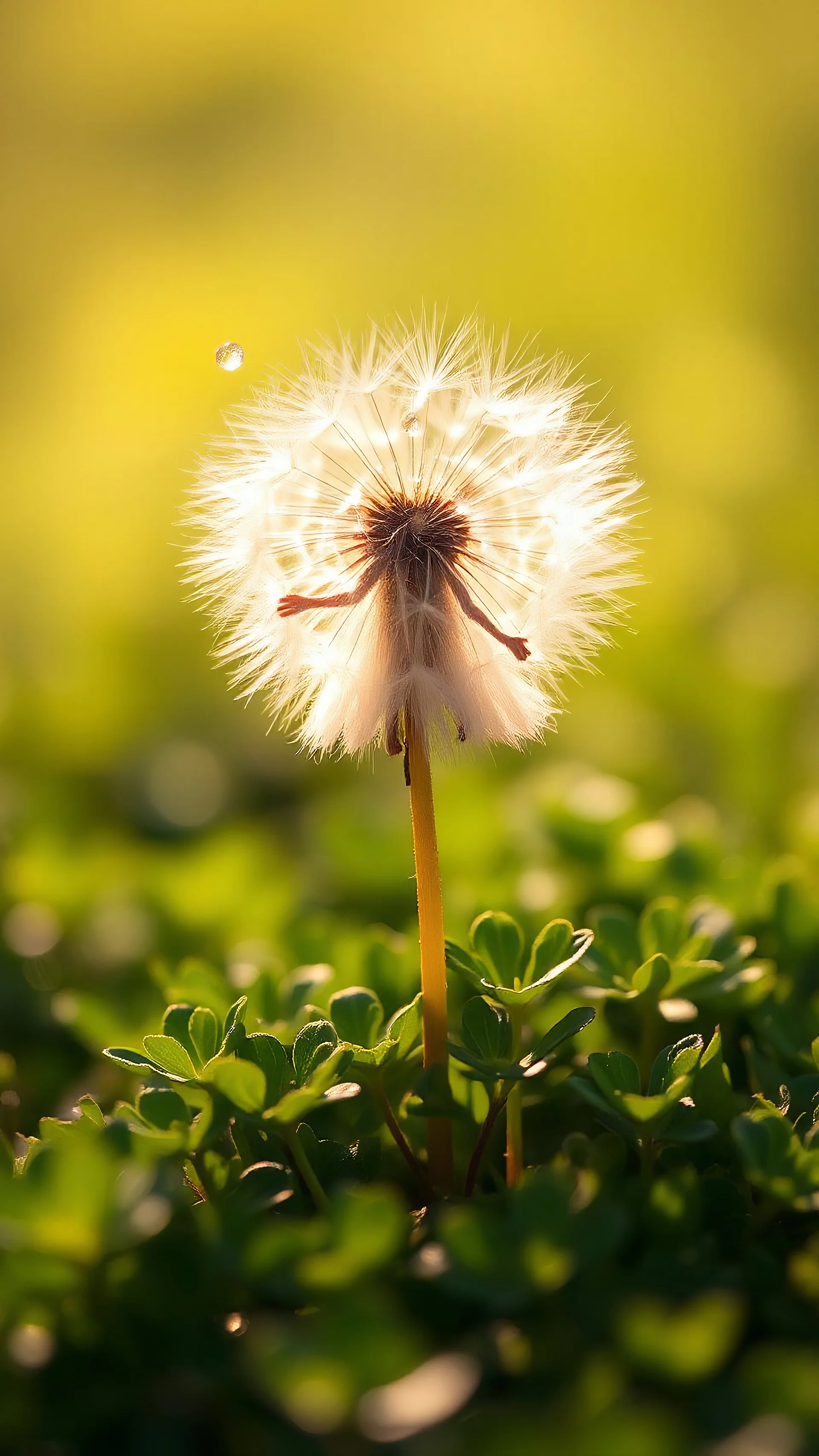 A small figure made of wispy dandelion fluff, floating dreamily above a patch of clover, with the soft sunlight casting a golden halo around its ethereal form.