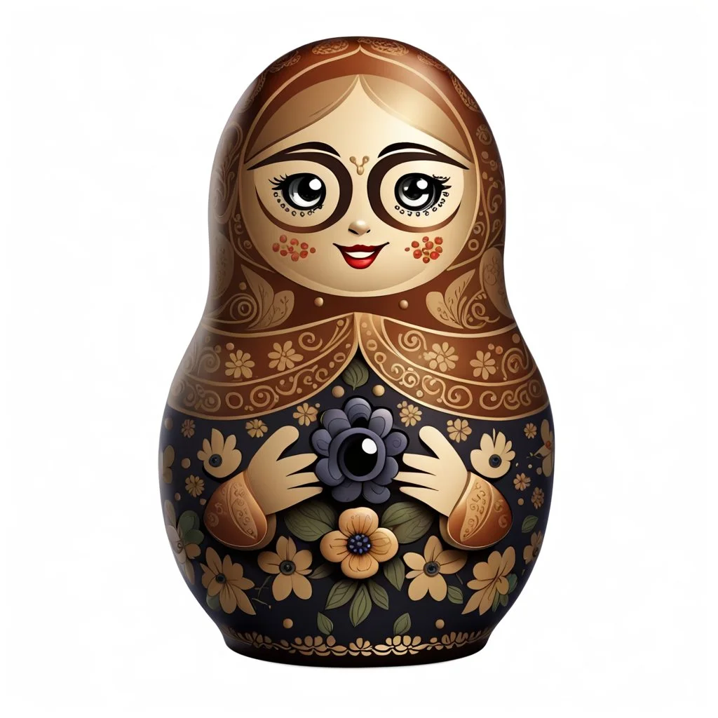 draw matryoshka dolls, the matryoshka is smiling, the kind sweet face of the matryoshka doll, behind the matryoshka Russian patterns in the style of Khokhloma, Khokhloma with gold and black flowers, in the hands of matryoshka blueberries