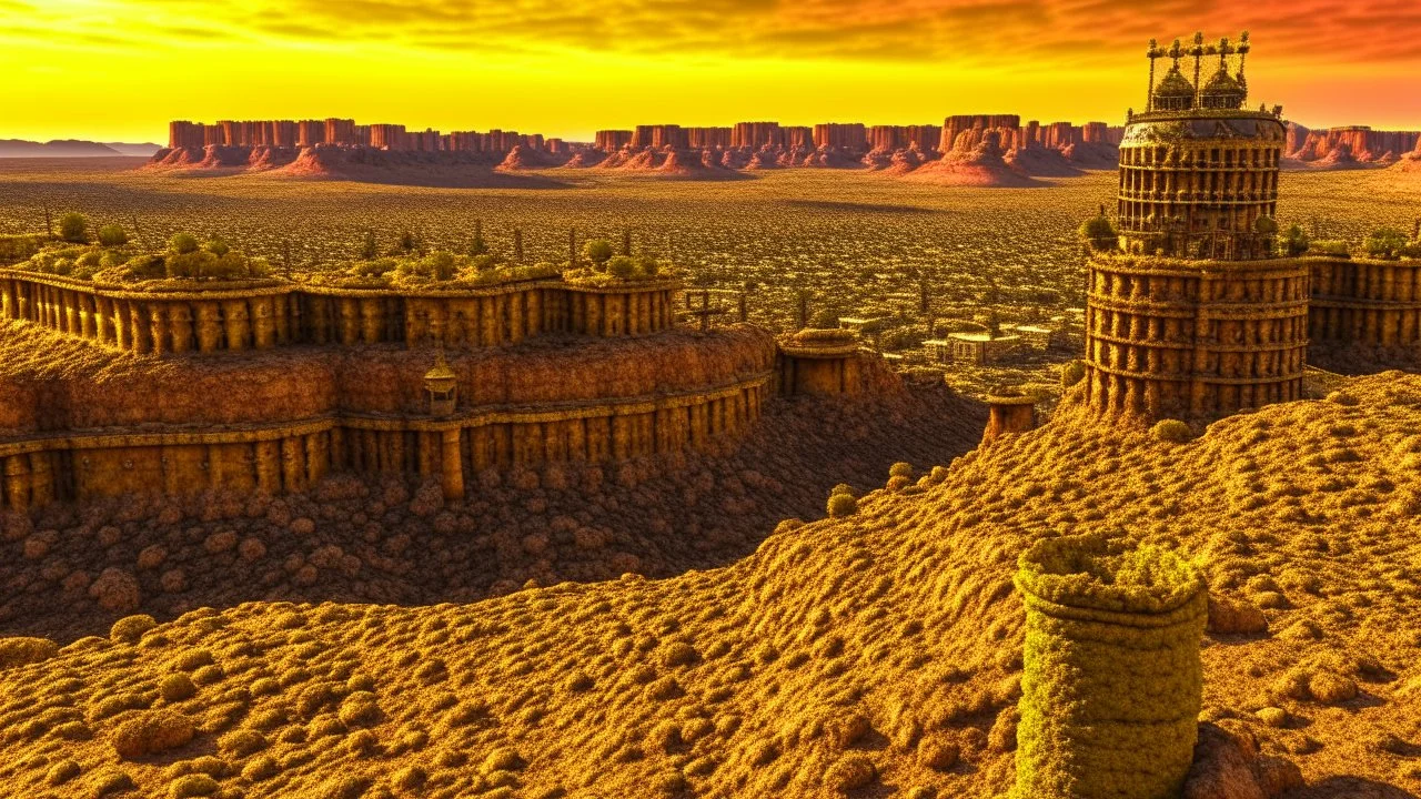 Desert warrior from behind looking at a city in the distance,