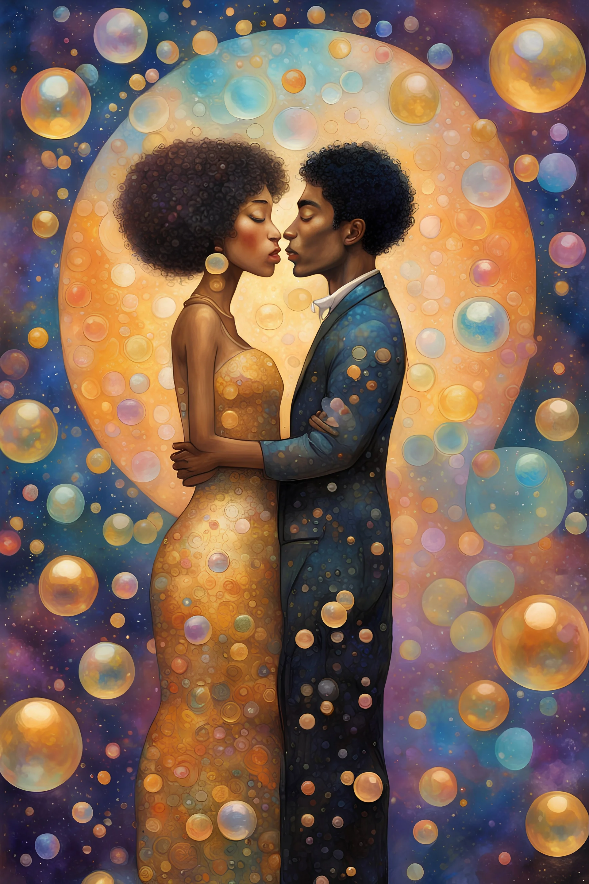 mixed race couple in a world of bubbles, back towards each other, colorful, painterly, like a painting, mystical, wonder, mysterious, psychedelic art, gustav klimt style, gold leaf, romantic, art nouveau, celestial, cosmic