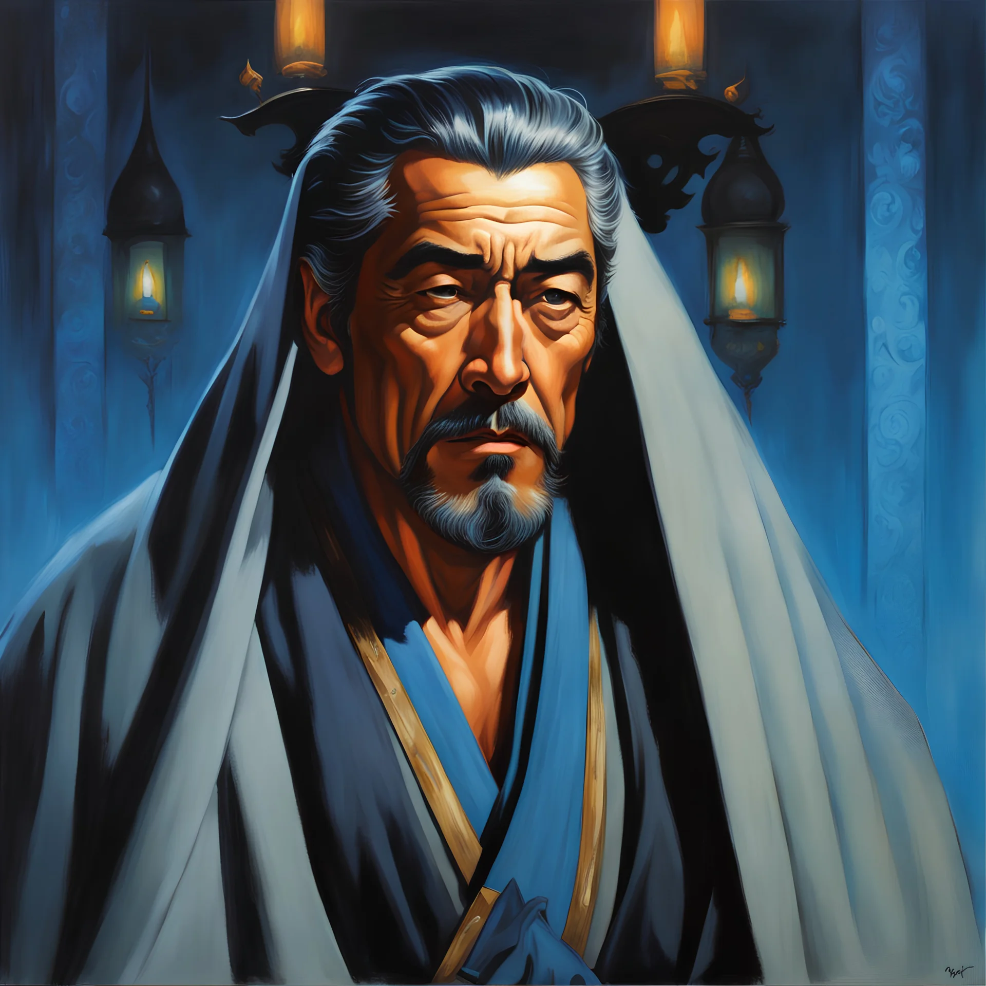 32 old age Toshiro Mifune, modern warlock, a long gray cloak is worn over a naked body, glowing blue tattoos, fullbody shot, best quality, amazing details, high detail, 8k, modern portrait of, fantasy d&d style, Rim lighting, perfect line quality, high pretty realistic quality oil painting, art by norman rockwell, Centered, dark outlines, perfect white balance, color grading, 16K, Dynamic pose, Sharp, Sharp edges