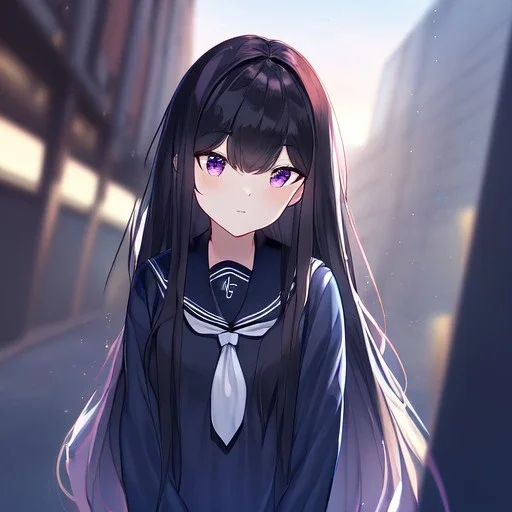 Clear focus,High resolution, Black long straight hair, Long bangs, and purple eyes, Looking down on you, wearing a sailor uniform that is black and red, sighing, Detailed hair