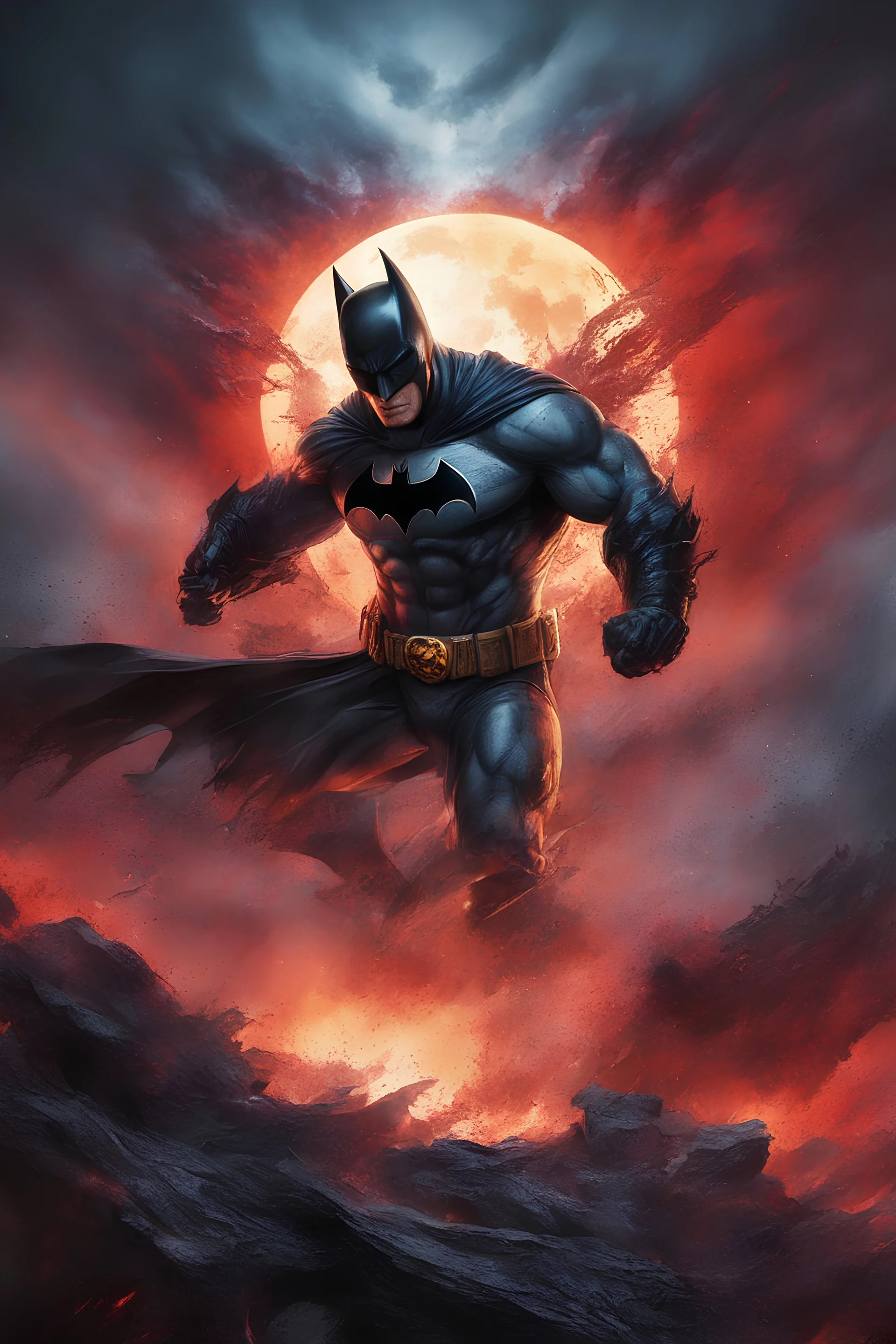 Batman, Strong, athletic physique, action poses, battle scars, blood, foggy, cloudy background, multicolored lightning, flowing lava, Full Eclipse, aliens, explosions, bright, vibrant, extremely colorful, detailed, blood red skies.