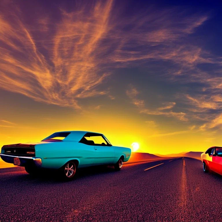 muscle car, married couple driving, desert road, sunset, full colour,