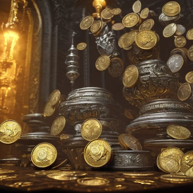 dynamic lighting, Intricately detailed, Splash screen art, deep color, Unreal Engine, volumetric lighting, silver coins, gold coins, silver treasure, stacked coins, indoors, altar, black table, sigil, shiny, garden, courtyard,