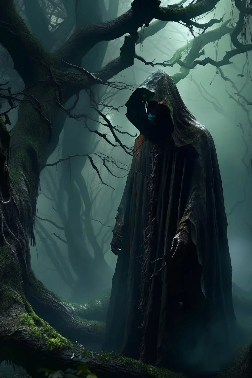 a strange dark hooded shadow standing behind a scary tree without leaves . its skin is covered in moss and lichen, allowing it to blend seamlessly into its surroundings. Forest Spirits feed on the energy of trees and can create thick fog to confuse their victims.
