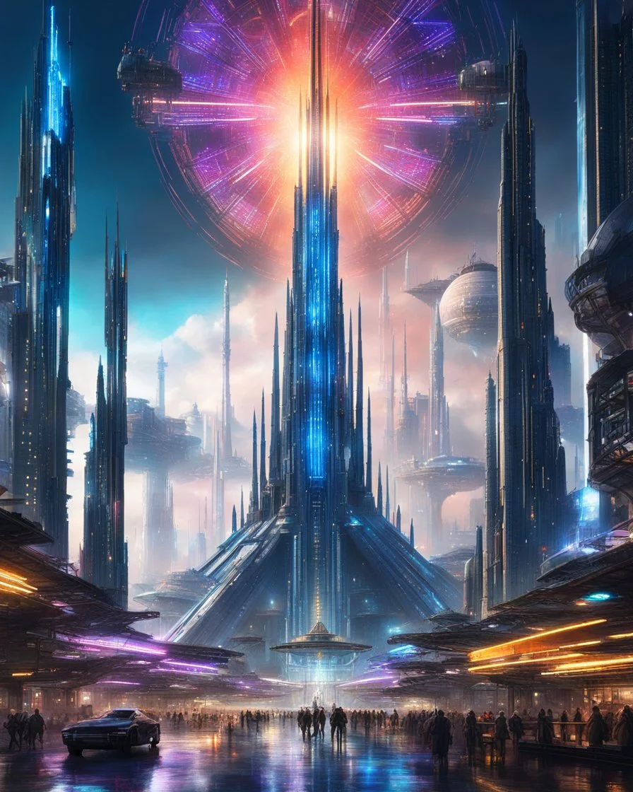 futuristic city with a large, central towering structure, flying vehicles, and neon lights