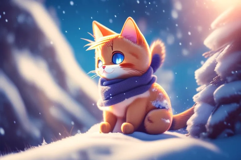 cute chibi anime frightened cat, crashed airplane in the snowy mountains in sunshine, ethereal, cinematic postprocessing, bokeh, dof