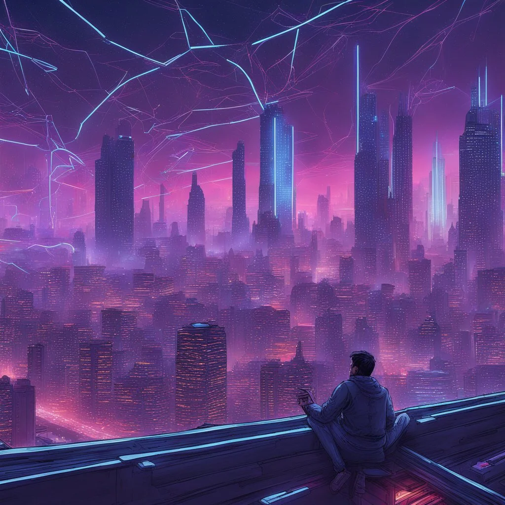 Certainly! How about: "Imagine 'Starry Night' in a cyberpunk universe, with towering skyscrapers illuminated by neon lights, flying vehicles streaking across the sky, and a network of glowing digital pathways weaving through the cityscape."