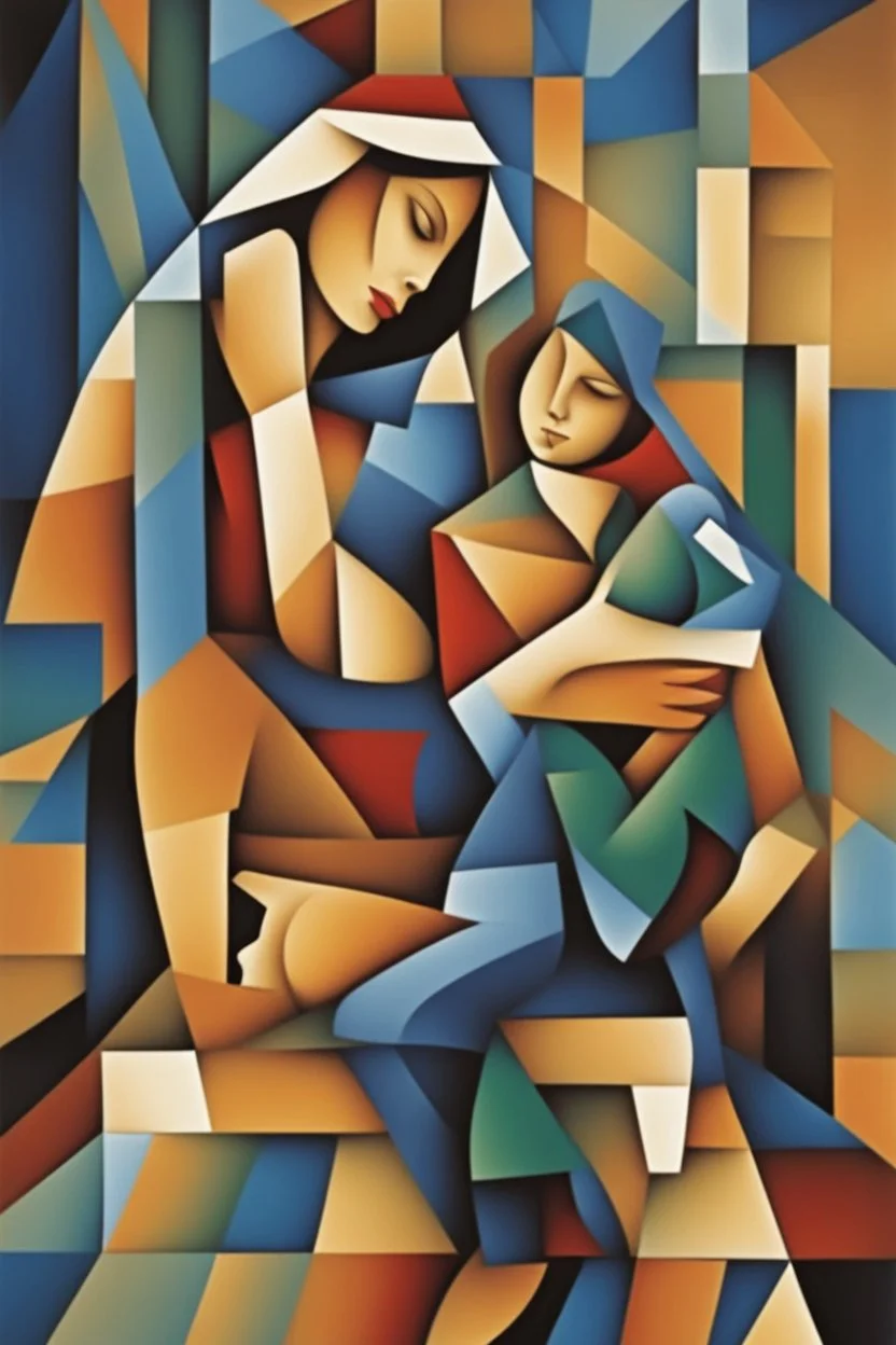 Mother holds her son , cubism style