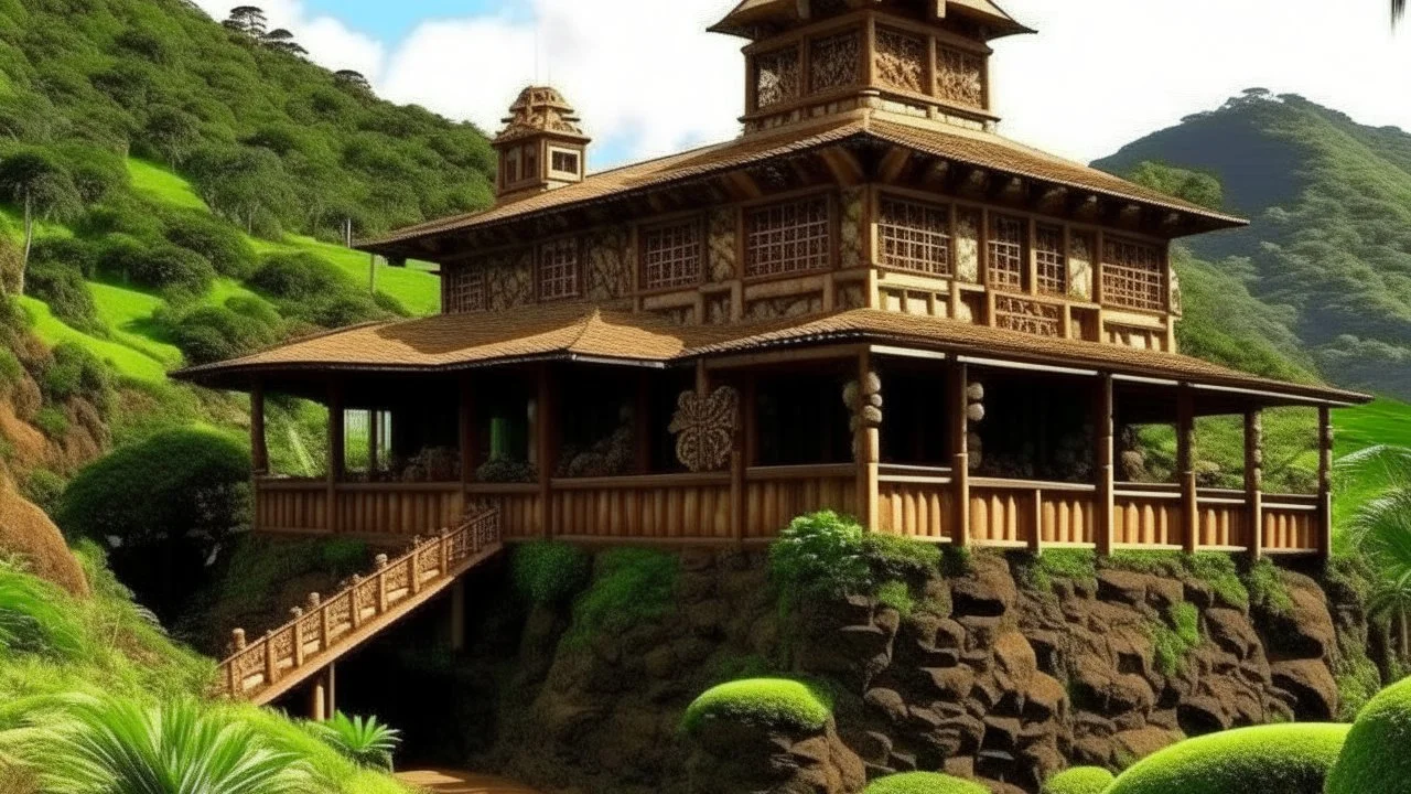 A brown palace on a mountain designed in Hawaiian tiki statues