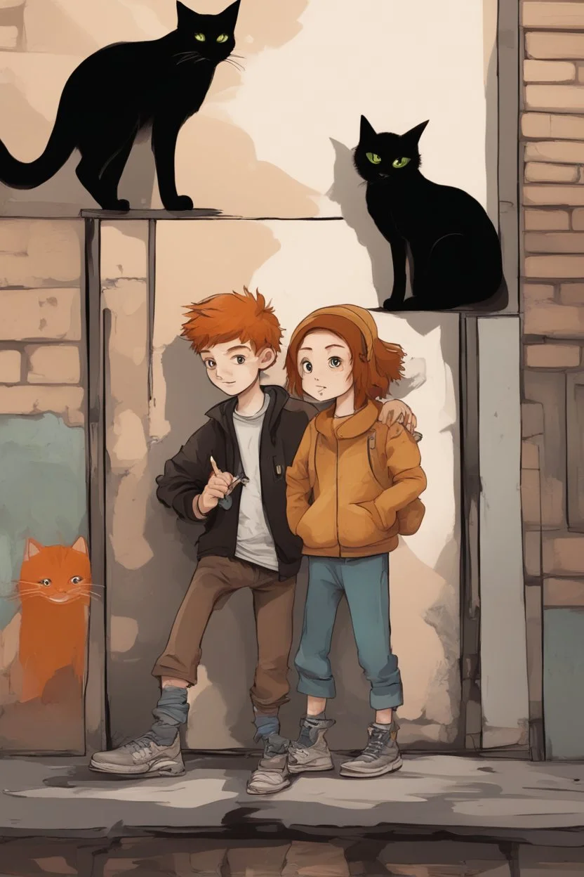 Act like a book cover designer. Use graffiti style. Three teenagers (13-15 years old) - two boys brothers with ginger hair and frickles with a brown-haired girl and with a grimy black cat. Environment: old town.