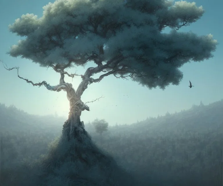 a beautiful digital painting of a marble tree entertwined in tumutluous clouds, intricate white branches and birds flying in the sunlight, blue sky at sunset, elegant, highly detailed, artstation, concept art, matte, sharp focus, art by tom bagshaw, kelogsloops and greg rutkowski