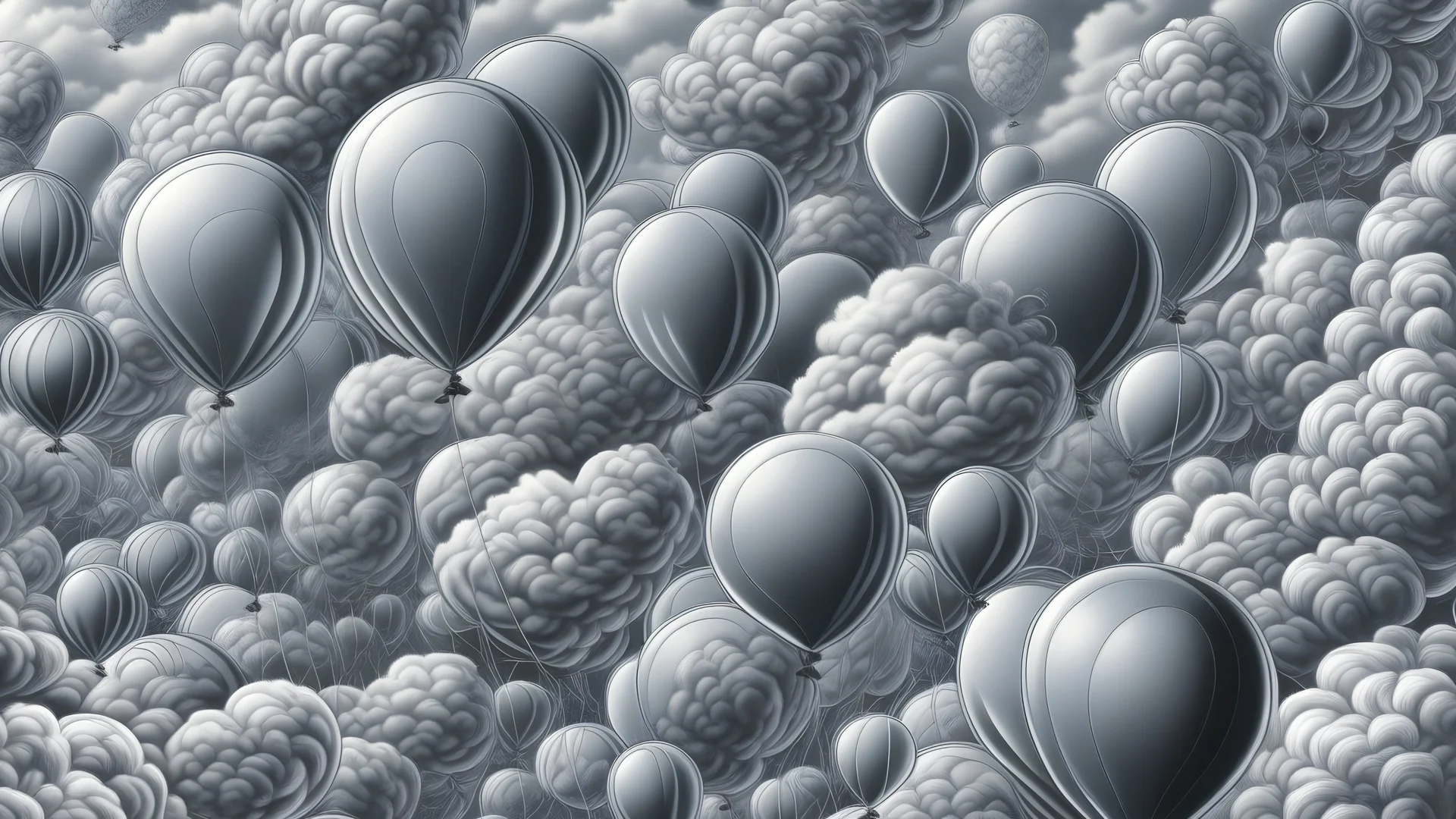 A silver color sky filled with clouds and balloons painted by MC Escher