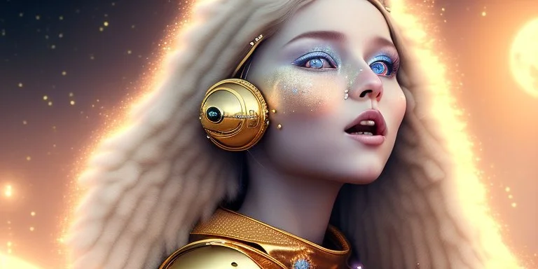 brown eyes, laugh, blonde sophie hennie cute young woman singing at saturns europa moon, golden jewelry, ice cold, winter, magnificent, majestic, highly intricate, incredibly detailed, ultra high resolution, complex 3d render,renaissance painting