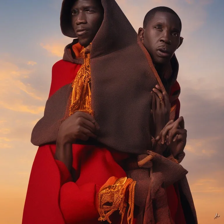 dungeons and dragons, monk, black, african, portrait, face, close up, cloak, clothes, cape, brown fabric, sunset, red sun, single person, red sky, hood, only face