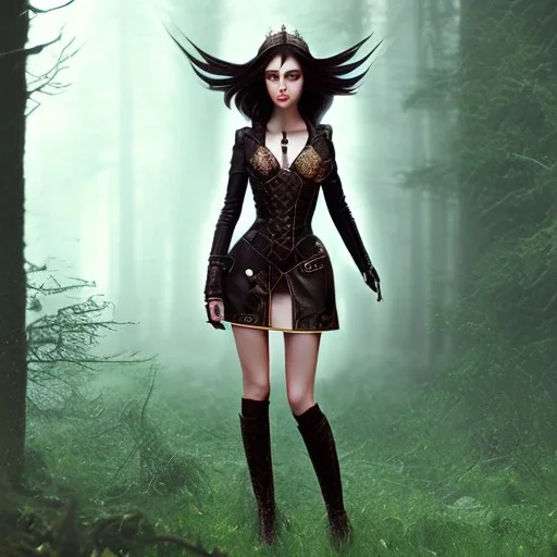 steampunk, dark forest, black hair, long legs, leather clothes