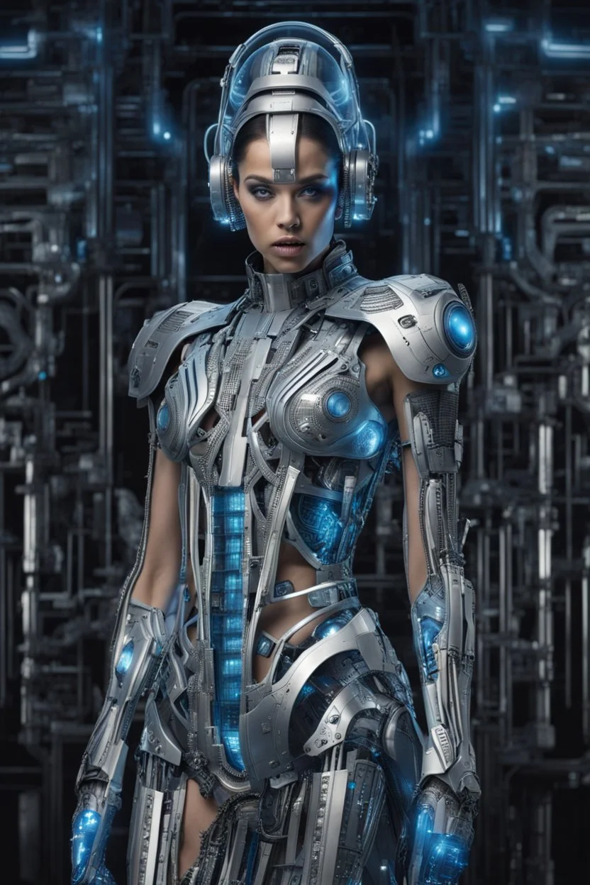 A biomechanical futuristic full body fashion model in a metal silver/blue armored dress, adorned with clear printed hieroglyphic symbols, microchip designe, futuristic headset, Fashion show background, energy, molecular, mecha, future fashion