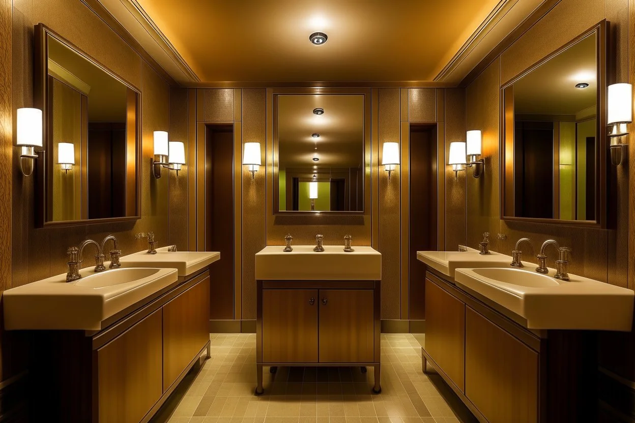 Pictures of a group of bathrooms in Mathaf Restaurant. The walls and floors are brown in shades, the sinks are on one wall, and the toilet doors are opposite the sinks.