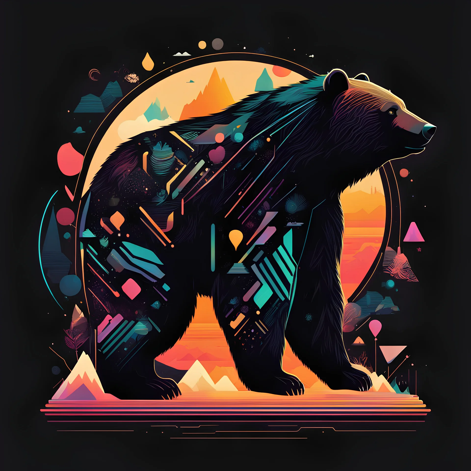 Bear silhouette, abstract art, by Petros Afshar, maximalism, 2D, colorful neons, ultra detailed designs, moody, by Petros Afshar, 2D