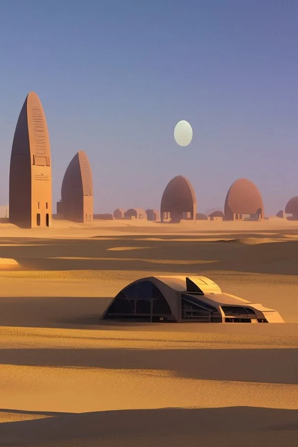 alien buildings, in the desert, surrounded by acacia trees, dunes, pathways, lake, roads, mountains, blue sky