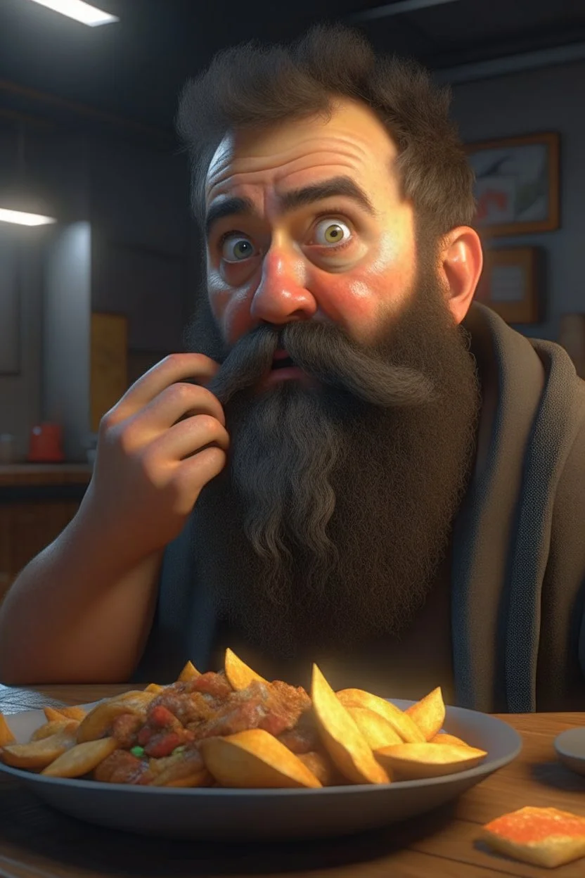 4K full realism, Karatéka bearded eating a pack of chips