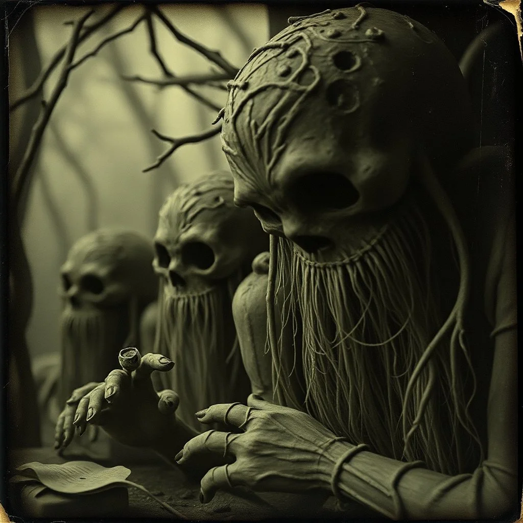 Daguerrotype close up of9 some mysterious figures, odd background, cinematic, Hieronymus Bosch, Max Ernst vegetal life, rotten, ambient light, ghost, cry