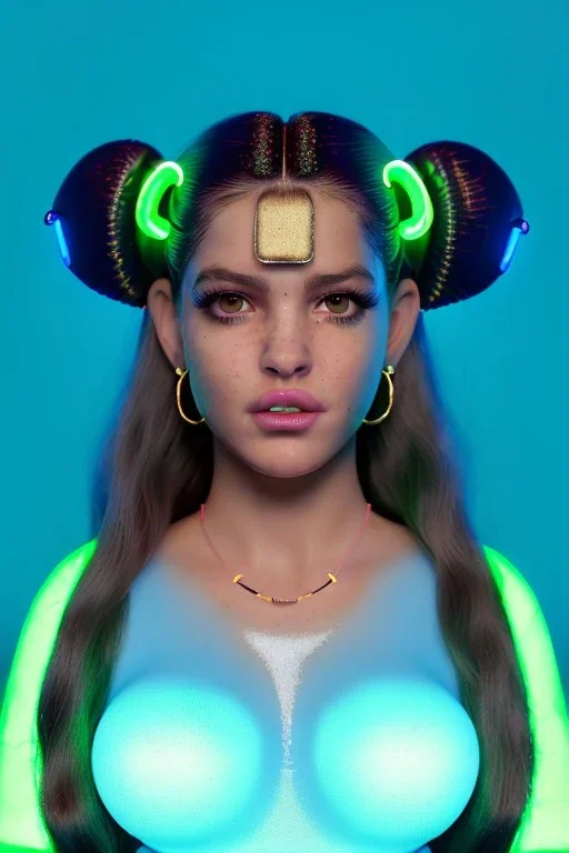 Rosalía artist, Realistic image, natural waist up portrait, perfect eyes, glow, circle iris, eye liner. pigtails hair, face, spray line make up, glow. lips, gold. big rings piercing, led ornament, pearls. coat, latex, inflatable, hot, led lights, minimal, neon, pink, blue, gold, vibrant color, highly detailed, art stations, concept art, smooth, unreal engine 5, god lights, ray tracing, RTX, lumen lighting, ultra detail, volumetric lighting, 3d, finely drawn, high definition, 4k.