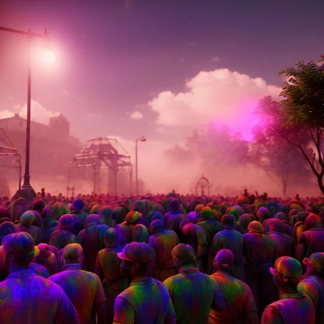 Ultra realistic, color holi festival style, night scene. Strong man , waist up view, happy, highly detailed, concept art, unreal engine 5, god rays, ray tracing, RTX, lumen lighting, ultra detail, volumetric lighting, 3d, finely drawn, high definition, high resolution.