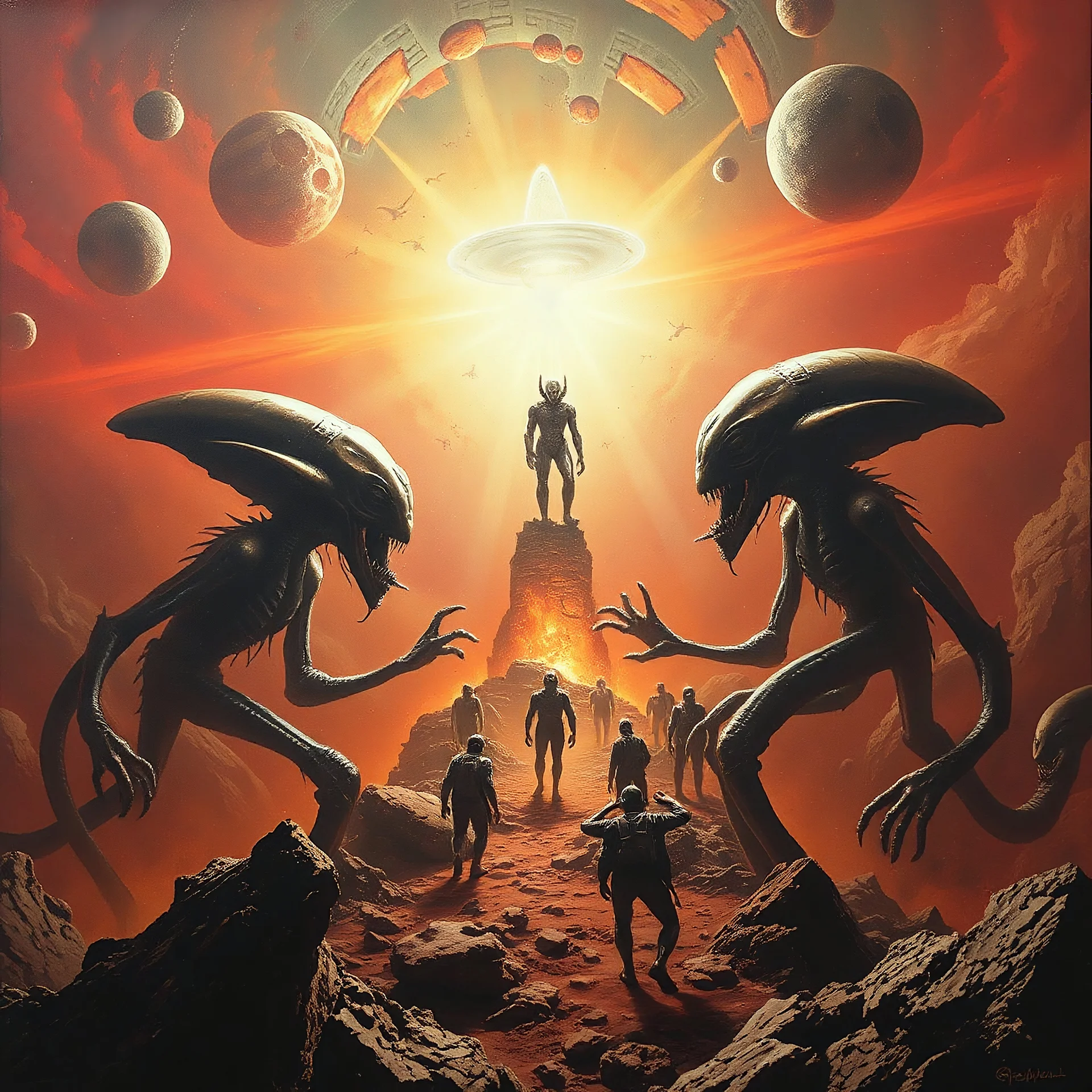 a high definition screen shot of a ancient alien comic book cover detailing the creatures found on other worlds, retrofuturistic, phototrealism, Macabre Rapture End of days Revelation scene, isanely detailed matte oil painting, sinner apotheosis,diagonal composition, unbalanced, abstract surreal horror, eerie, scary warm colors, Eldritch, JonKnockTurnal 2999 ufo, bilaterally