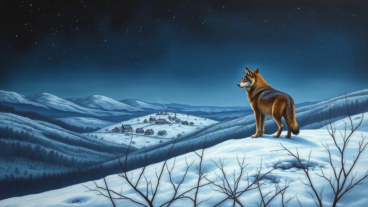 Painting depicting a lone wolf standing on a snow-covered hill under a dark, starry sky. The wolf, with its brown and gray fur, is positioned in the right foreground, gazing towards a distant village nestled in the valley below. The village is composed of small, snow-covered houses with smoke rising from chimneys, suggesting warmth and life within. The landscape is barren, with a few leafless branches in the foreground, adding to the cold, desolate atmosphere. The sky is a deep blue with scatter