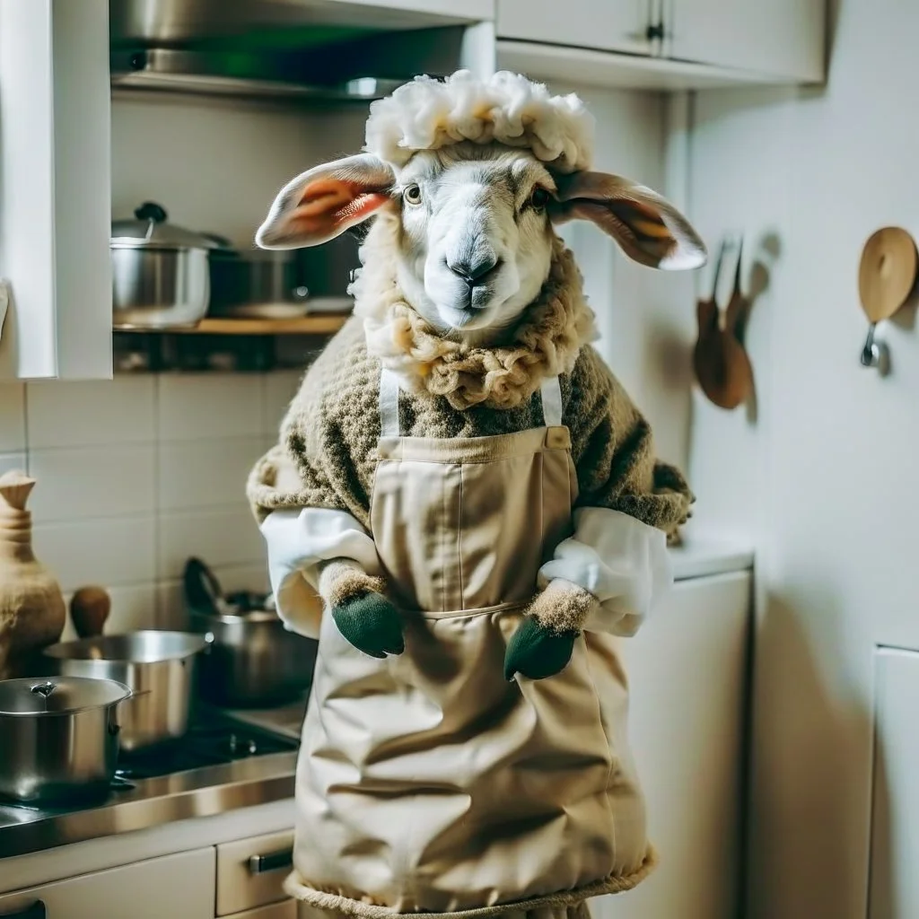 A sheep in the shape of a sheep, wearing a cooking outfit that looks the same color as its skin, in the kitchen, cooking