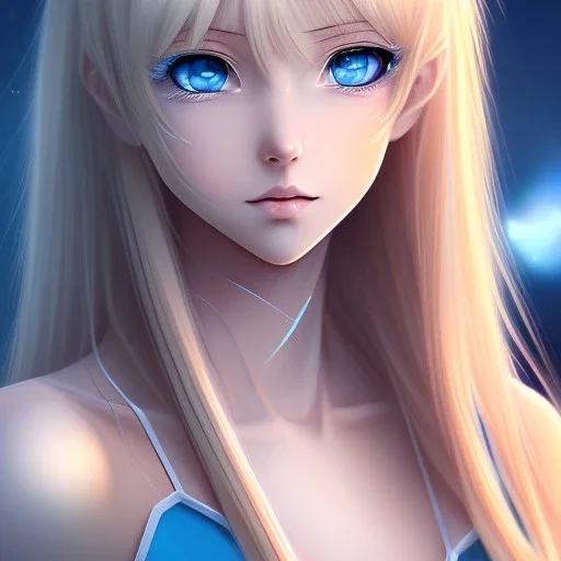 A realistic anime wifu character, blue eyes, full body, blonde hair, masterpiece, expert, cleavage