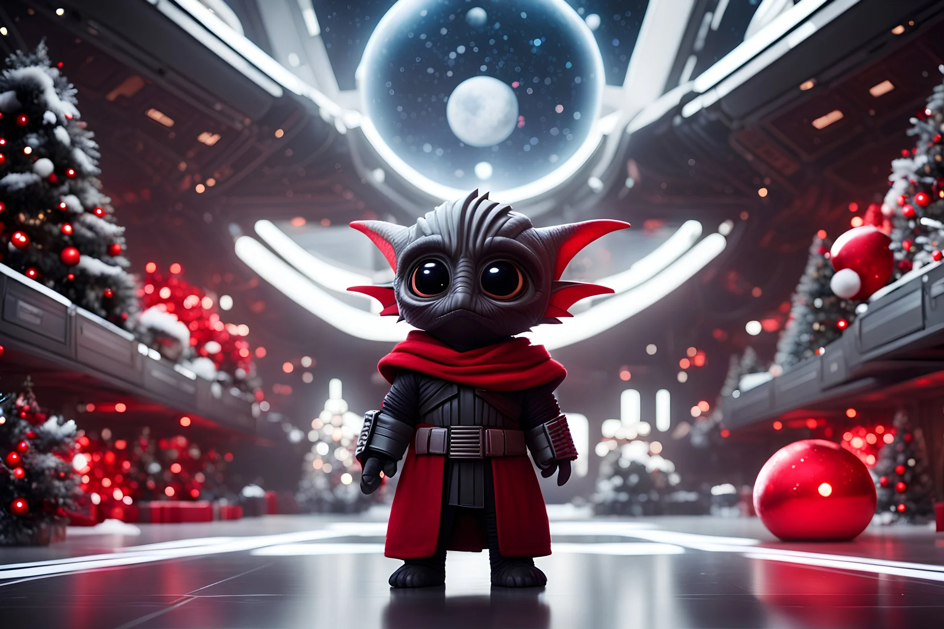 fluffy big eyed baby happy dragon sith lord in the big hall in second death star with few space ships and a view to a star wars planet, and christmas tree and sith gifts, cinematic eye view