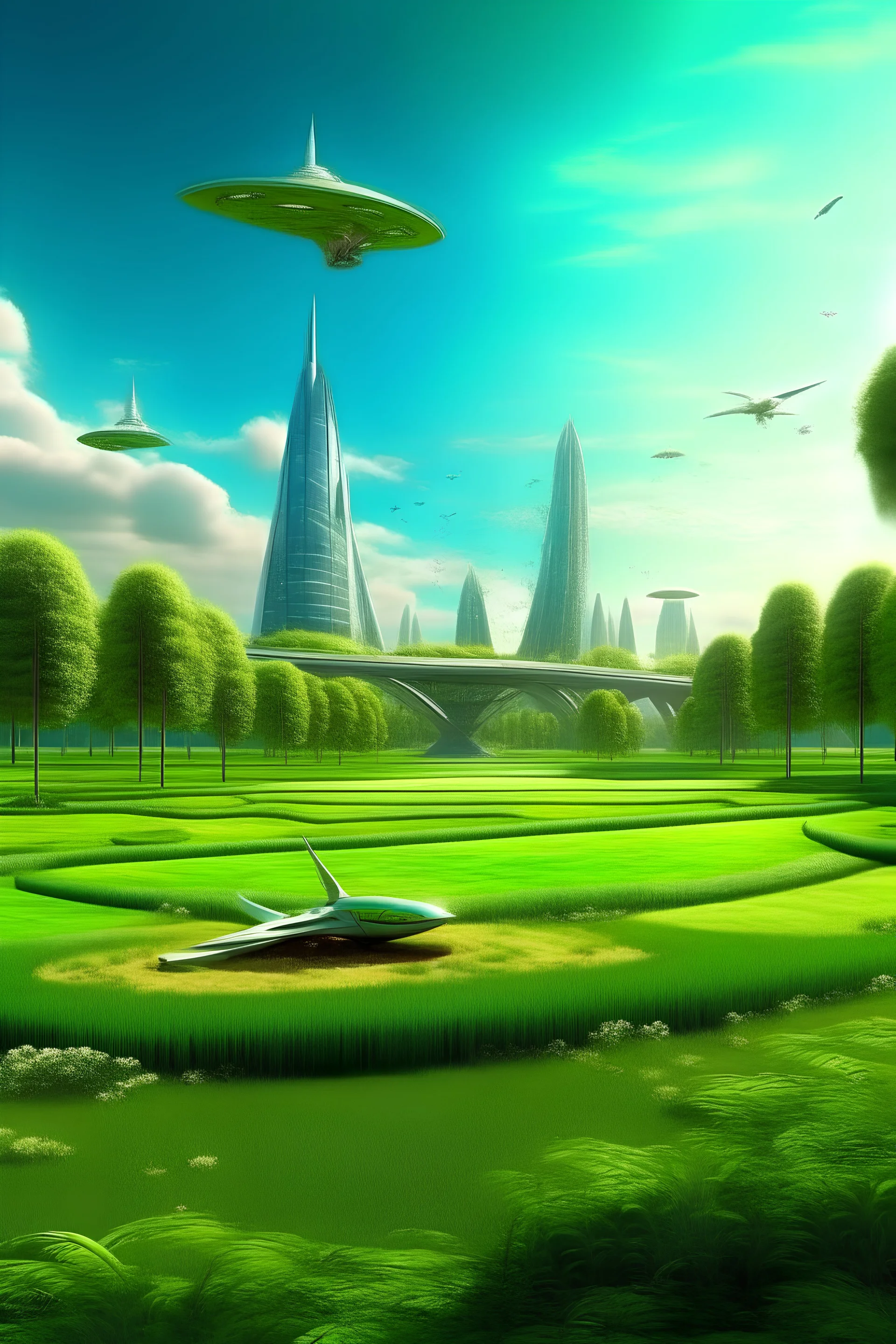 Dream city park with cosmopolitian and very much green grass and plane flying by