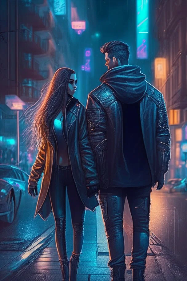 street night men love girl, couple, protective, together, romantic, science fiction, eyes