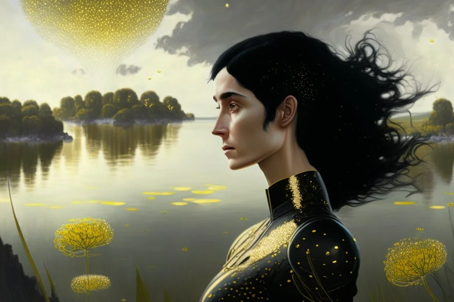 Photorealistic skinny woman with black hair, in a gold and black android suit, standing, looking out over a lake, with flying dandelion heads with octopus tentacles, with tall narrow cloud trees in the distance