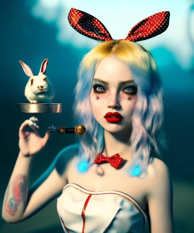 Ultra realistic wonderland photo, hot, happy blonde Alice woman and white rabbit smoking a pipe, blue dress, circus dress style, black headband with bow, old school tattoo, smoke, marijuana garden, glow eyes, perfect iris, soft color, highly detailed, unreal engine 5, ray tracing, RTX, lumen lighting, ultra detail, volumetric lighting, high definition.