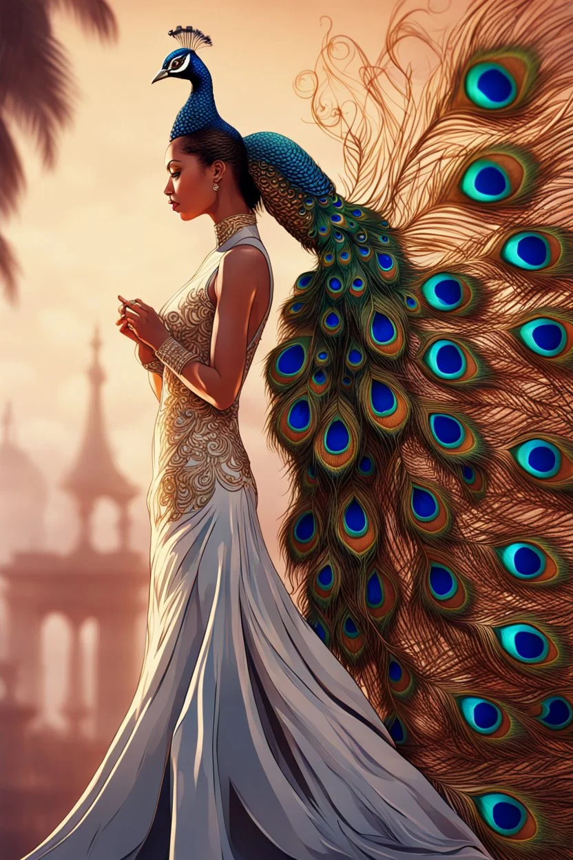 Excellent photography Art a girl dress peacock,full body, intricate, elegant, highly detailed, digital painting, smooth, sharp focus, illustration, illuminated lines, outrun, vaporware, intricate patterns, golden hour