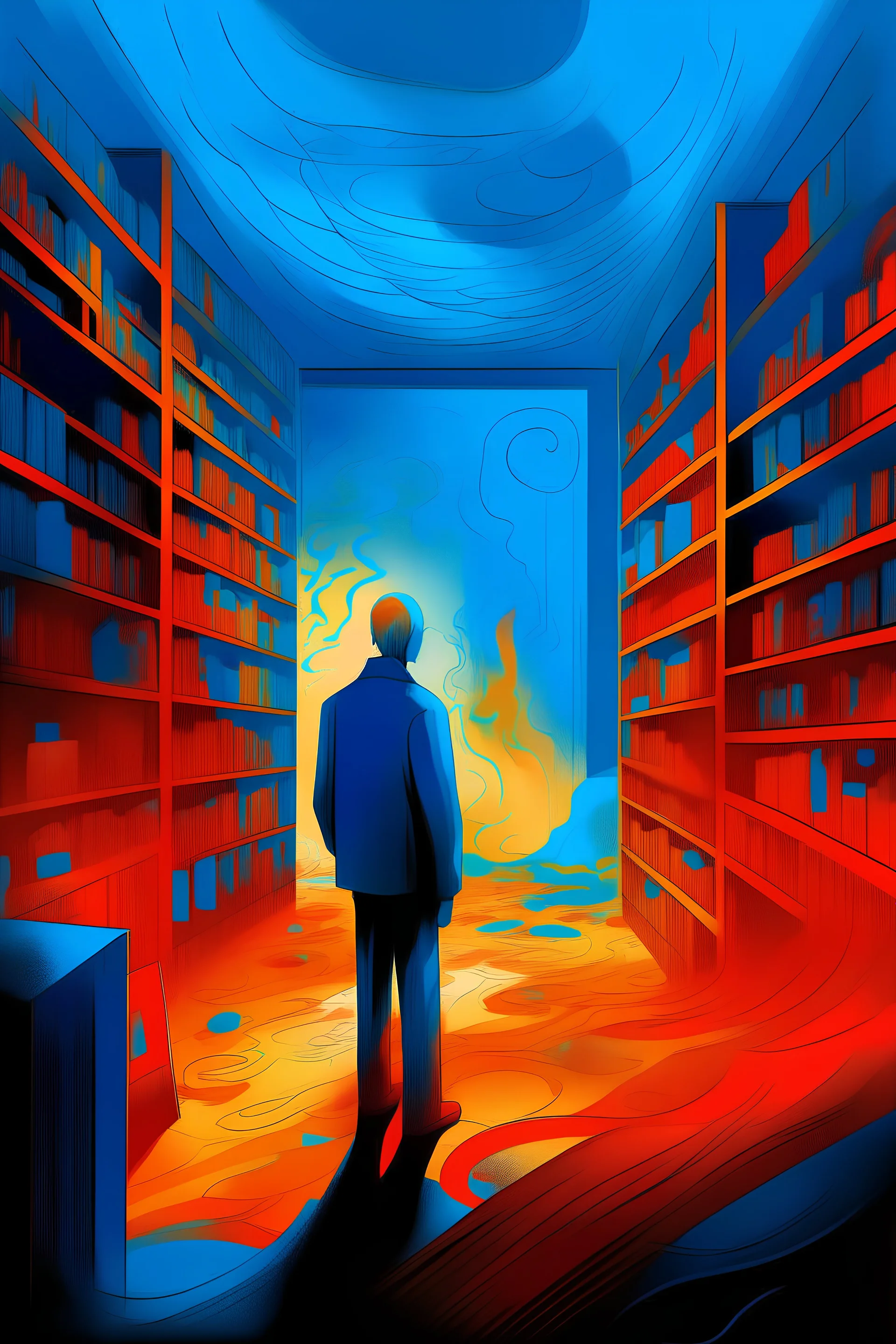 Bookstore, with a blue abstract background, a bright blue man standing in the middle of the background, in the style of dark red and light orange, conceptual album art, celestial, soft and dreamy depictions, emancicore, mind-bending murals, light crimson and gold, rough painting