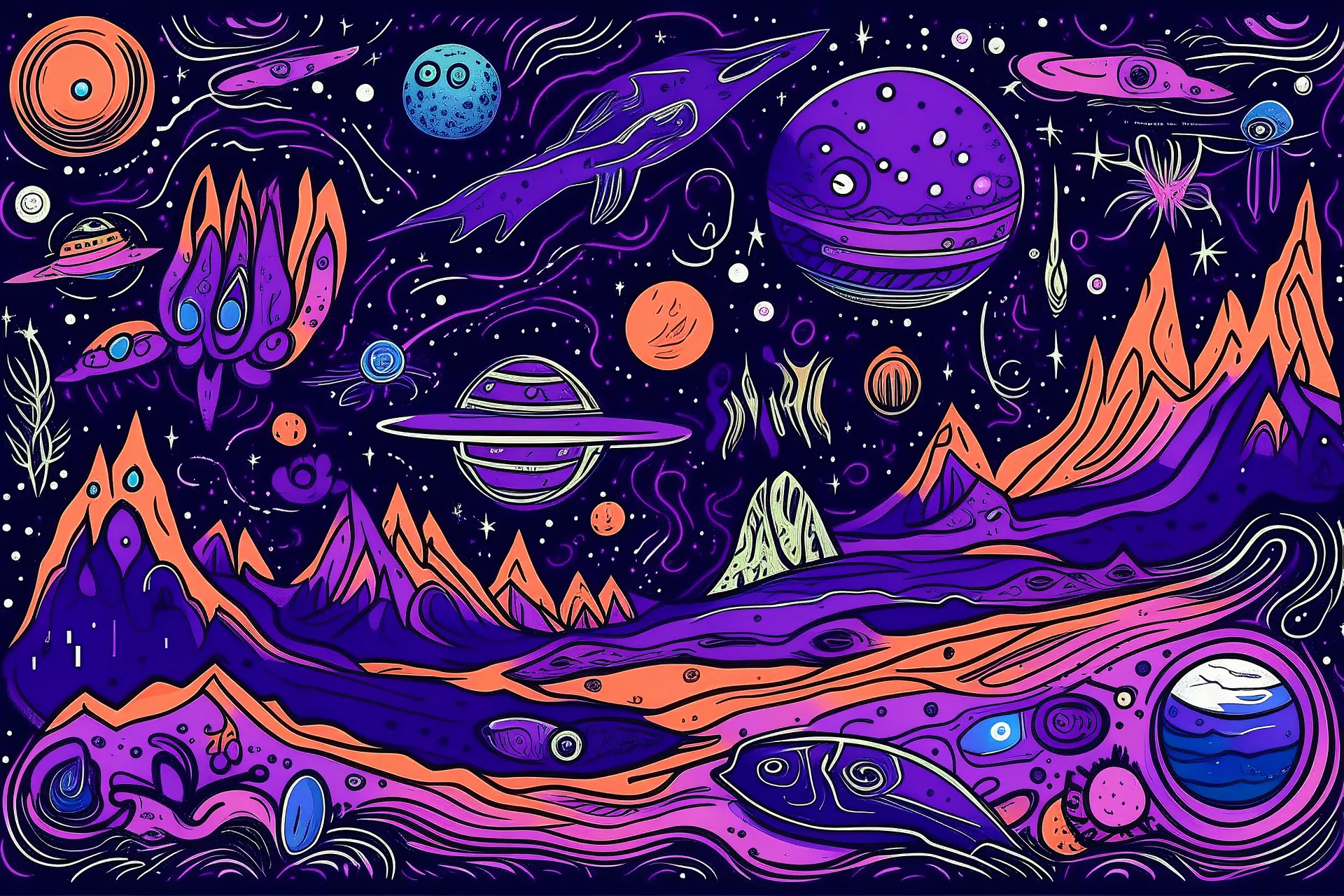 A purple outer space with planets and spaceships designed in native American petroglyphs painted by Edvard Munch