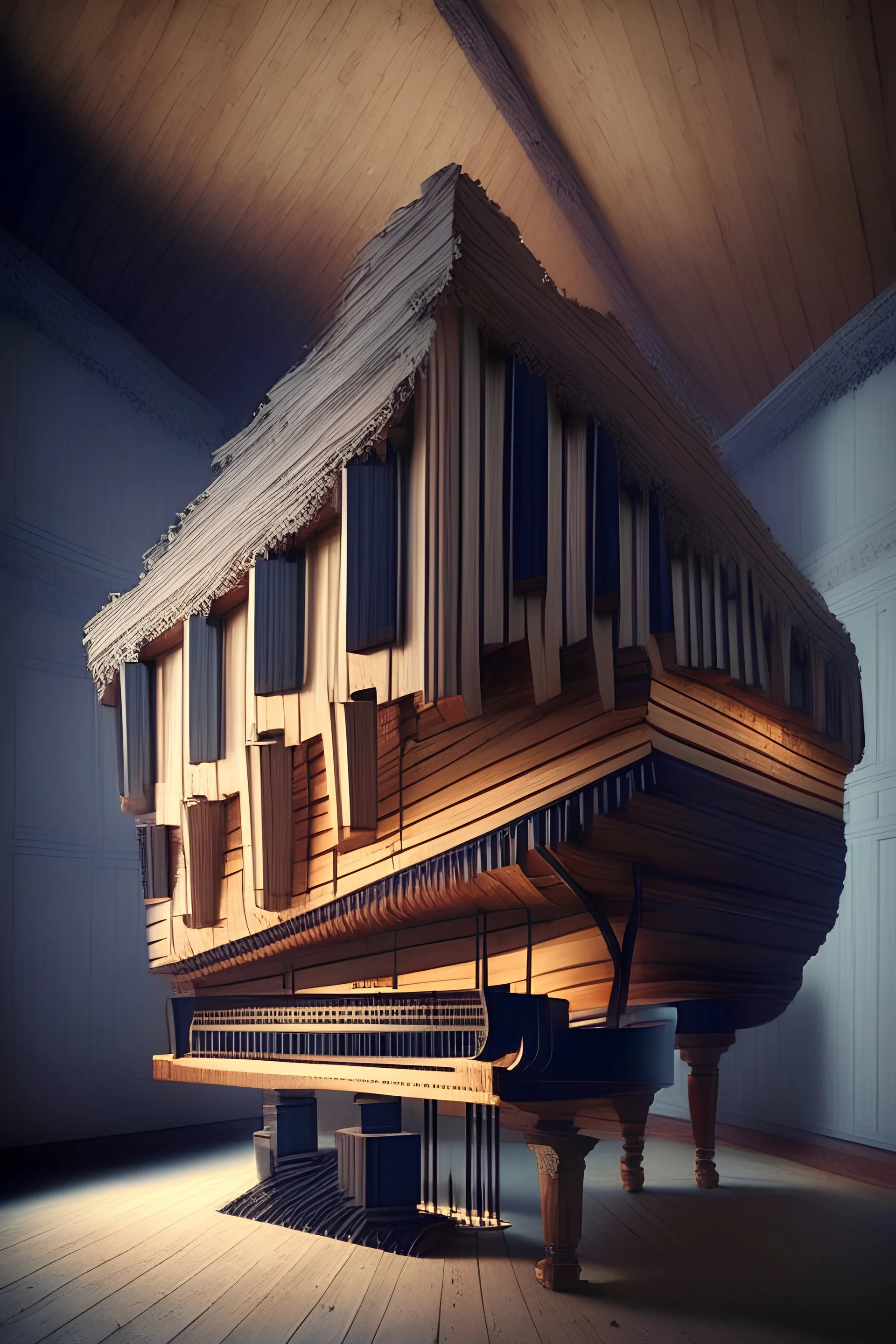 House made of giant piano on the wood cinema lighting